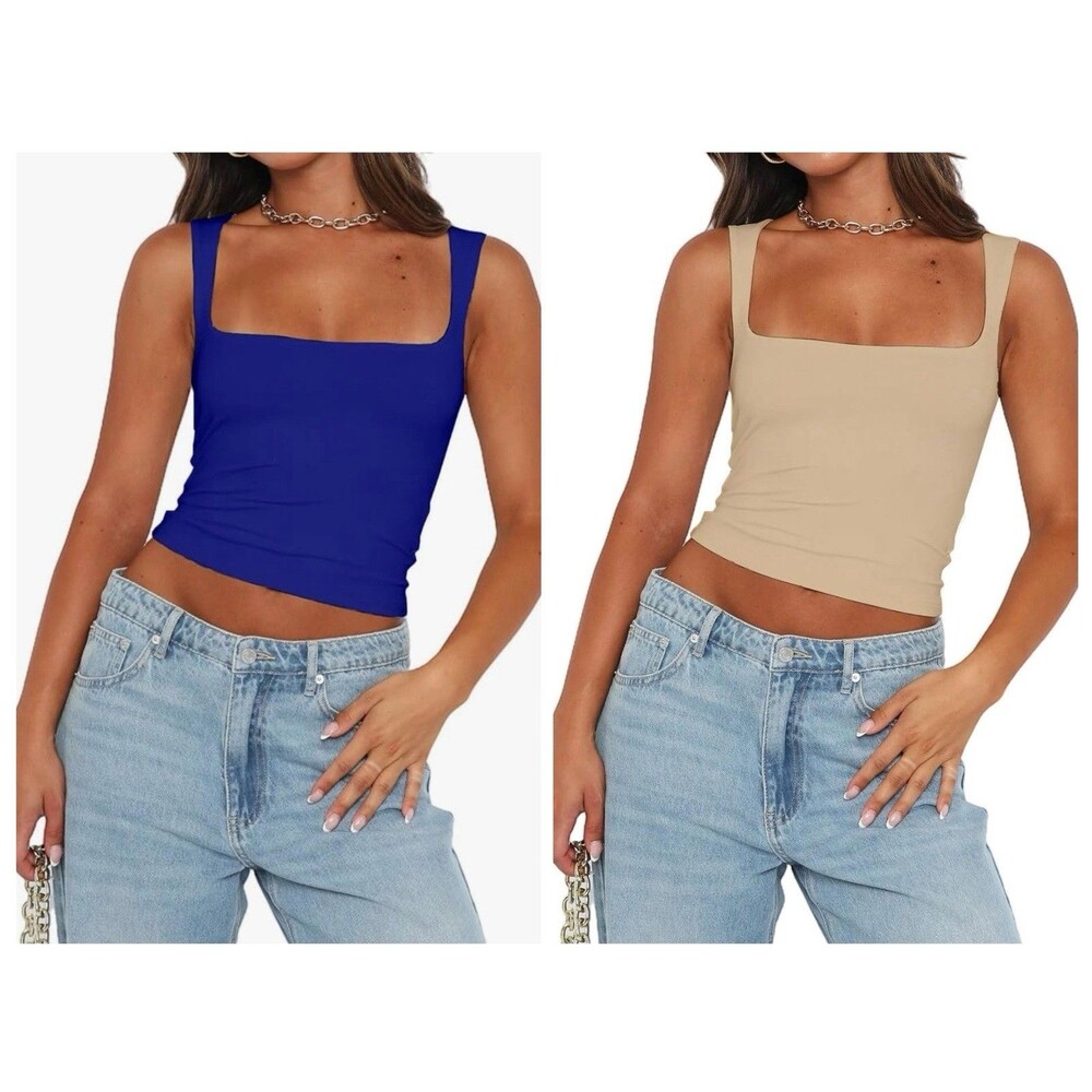 Abardsion 2 Women’s L Sexy Crop Tops Square Neck Sleeveless Double Layer Tanks